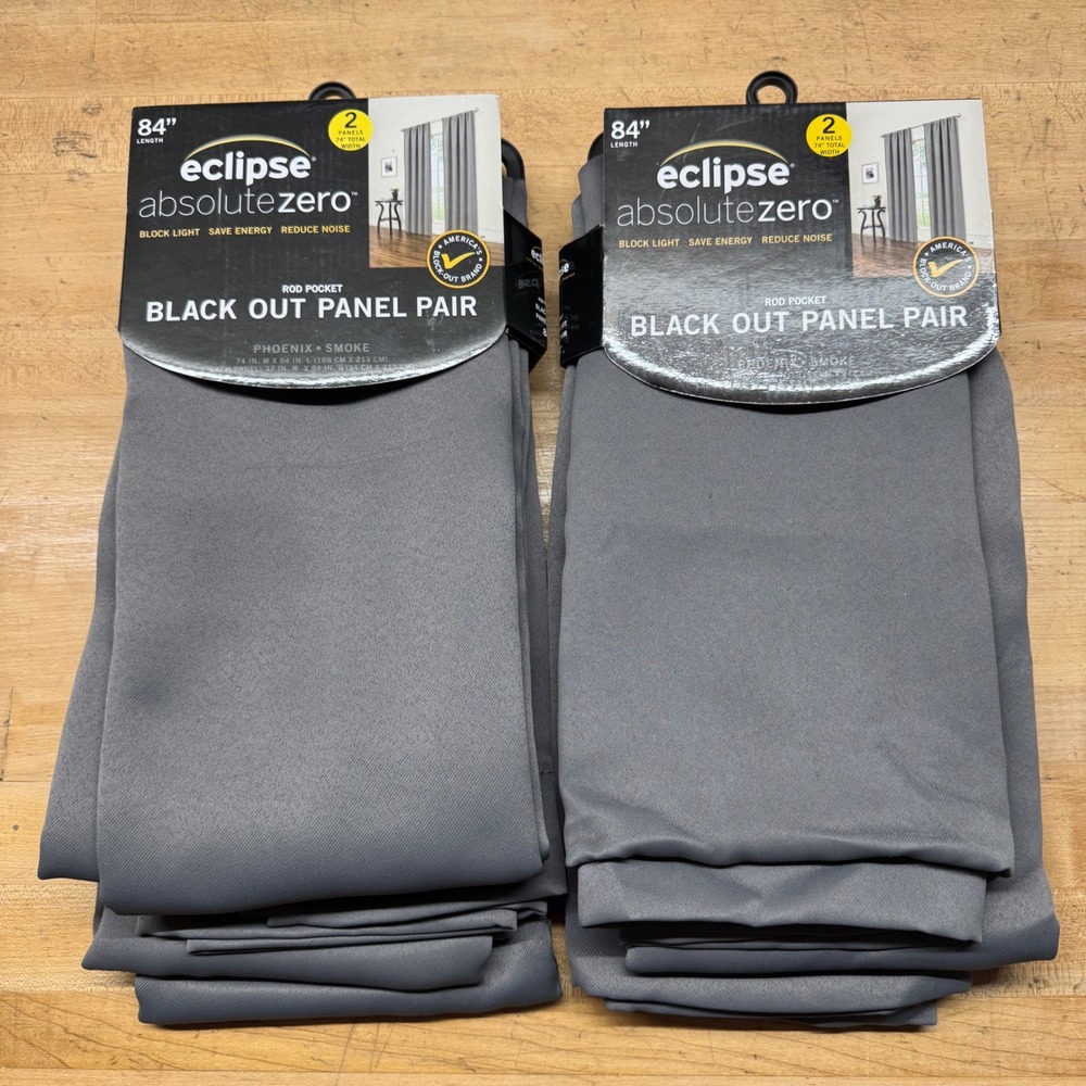 2 packs Eclipse Blackout Curtains 37x84 Smoke Phoenix Absolute Zero Panel Pair
